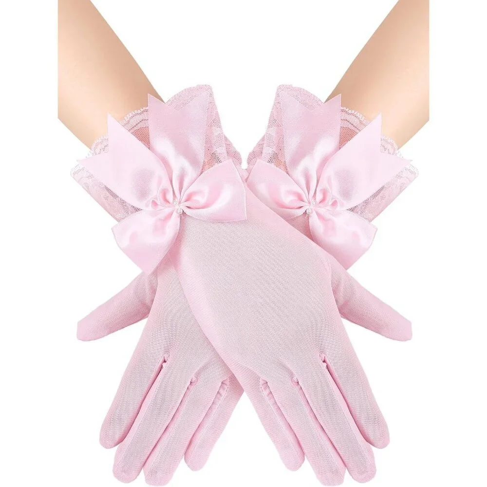 Women's Evening Pink Elegant Short Lace Bow Gloves Party Wedding Accessories